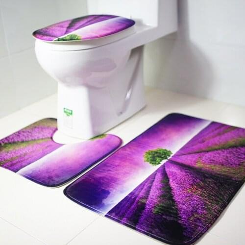 New Three-Piece Flannel Toilet Floor Mat Set with lavender Printing Toilet Cover and Rugs Non-Slip Bathroom Pad set