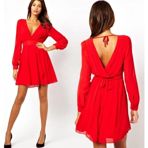 Queechalle XS-XXL Womens Dress Spring Summer Sexy V Neck Chiffon Dress Long Sleeve Casual Dresses for Women Black White Red