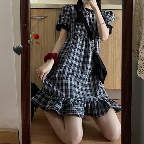 Korean StyleDress Elegant Black and White Plaid Mid-Length Slimming Puff Sleeve Short Sleeve Dress for Women Summer Ins Style