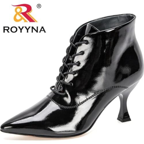 ROYYNA 2020 New Designers Fashion Women Boots Winter Patent Leather Shoes Pointed Toe High Heel Ankle Boots Ladies High Top