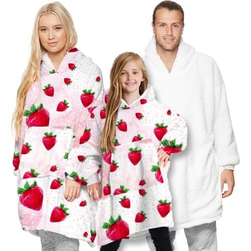Family matching pajamas outfit strawberry print parent-child thickened lamb wool nightgown sweater warm wearable home blanket