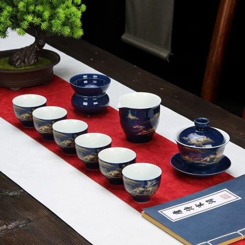 Kale Landscape Gradient Ceramic Kung Fu Tea Set Tea Infuser, Teapot, Three-cap Bowl, Tea Divider, Holiday Gift Tea Travel