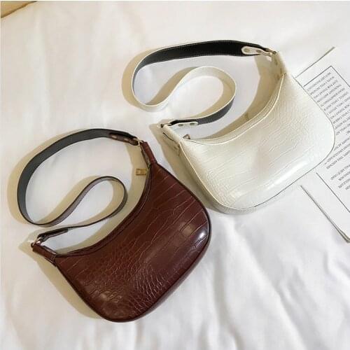 Retro bag women new trendy fashion crocodile pattern wide band shoulder bag western style large capacity crossbody saddle bag