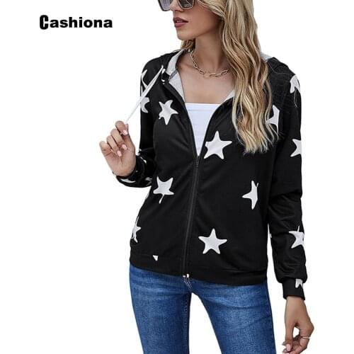 Cashiona Women Hoodie Sweatshirts 2020 Spring Autumn Fashion Star Print Tops Streetwear Zip Up Casual Feminina Hooded Sweatshirt