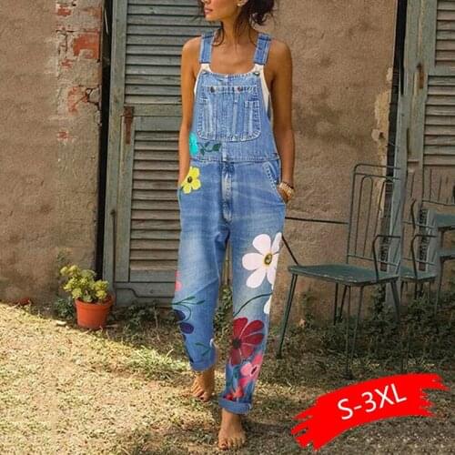 2020 New Summer Jumpsuit Women Spring Long Denim Jeans Casual Floral Printed Pocket Jeans Romper Trendy Overalls Denim Jumpsuit
