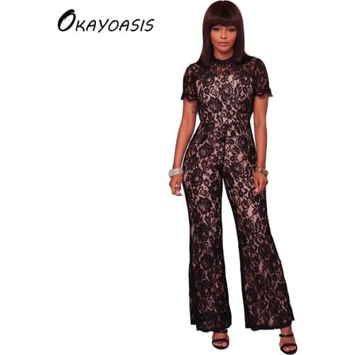 OKAYOASIS Free Shipping New Arrival Rompers Women Short Sleeve Slim Style Straight Lace Hollow Jumpsuits Long Bodycon Overalls