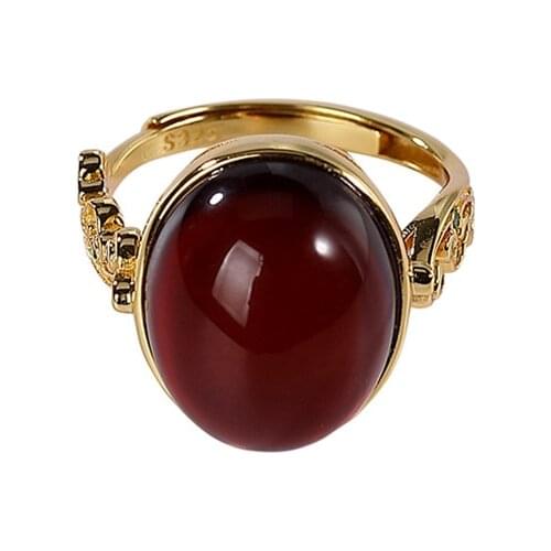 S925 sterling silver gold-plated natural blood amber ring retro personality and minimalism egg noodles Womens Open ring