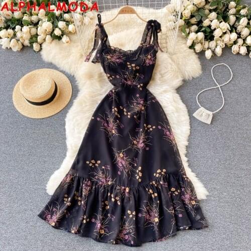 ALPHALMODA 2021 New Chiffon Dress Suspender Strap High Waist Blosom Printed Women Sweet Flounced Dress Holiday Vestidos