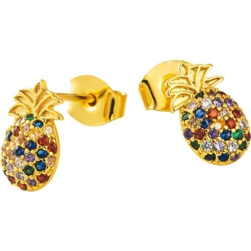 18K Gold Plated Pineapple Earrings Studs w/Colourful Zircon Stones Cute Jewelry Gift for Women Girls