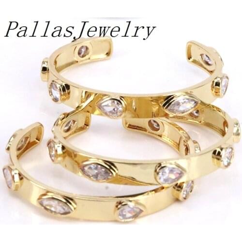 3Pcs NEW!!! Round/Pear Stone Studs Bangle Golden Metal Brass Bangle Bracelet Wholesale