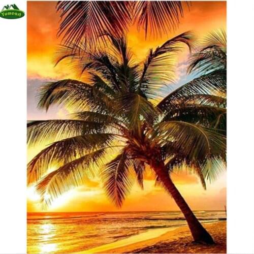 YUMEART Diy Diamond Painting Cross Beach Coconut Trees Needlework Square Full of The Picture,Handwork Diamond Cross Stitch