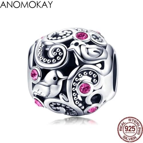 Anomokay 925 Sterling Silver Love Messenger Magpie Beads fit Bracelet & Necklace S925 Silver Pink CZ DIY Jewelry Accessories