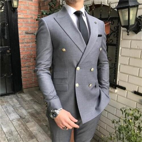 2021 Classic Grey Mens 2 Pieces Suits For Wedding Groom Wear Double Breasted Peaked Lapel Slim Fit Tuxedo Best Man Blazer Jacket