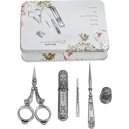 LMDZ 5 PCS Retro Scissors Set European Vintage Scissor+Needle Storage+Thimble +Threader Tube+Awl Sewing Kits For Needlework