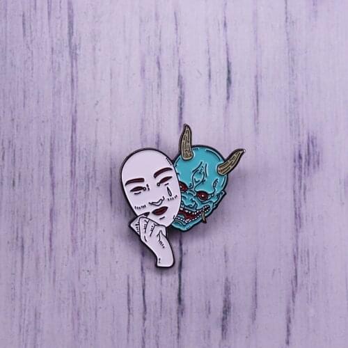 Hannya mask lapel pin inspired by Japan demon sad art gift