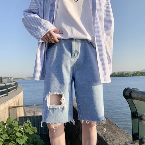Mens Ripped Hole Denim Shorts Korean Fashion Boardshorts Men Straight Short Pants 2021 Summer Beach shorts Hot Sale M-3XL