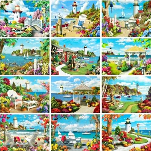 Huacan Diamond Painting Kit Garden Scenery Full Square/round Diamond Embroidery Mosaic Seaside Lighthouse Wall Decor