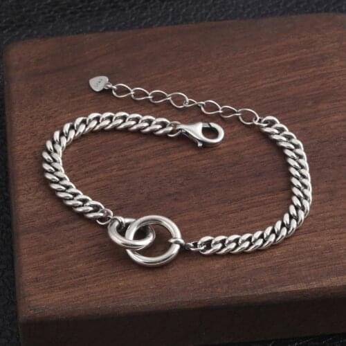Genuine 925 Sterling Silver Wrist Jewelry Simple Fashion Sen Design Double Ring Bracelet For Women Personality Gift