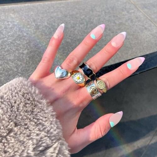 New Punk Metal Geometry Smile Drip Glaze Punk Rings Opening Index Finger Accessories Joint Tail Ring for Women Jewelry Gifts