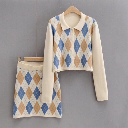 Autumn Rhombic Geometry Knitted Womens Sets Turn-Down Collar Single Breasted Female Sweater Set High Waist Mini Skirt Lady Suit