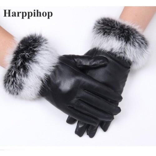 High quality Women Lady Black sheepskin Leather Gloves Autumn Winter Warm Rabbit Fur Mittens Hottest Velvet Wind water proof