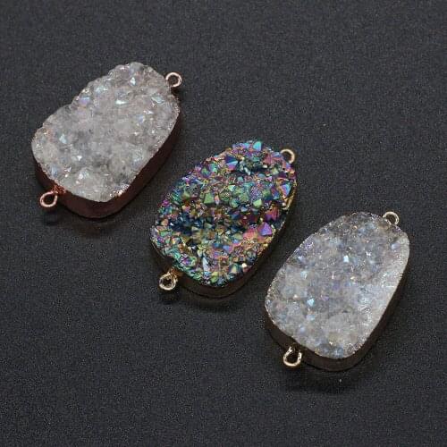 Natural Stone Druzy Crystal Quartz Pendant Double Hole Connector Charm Black Silver for Necklace Bracelet Jewelry Making Gift