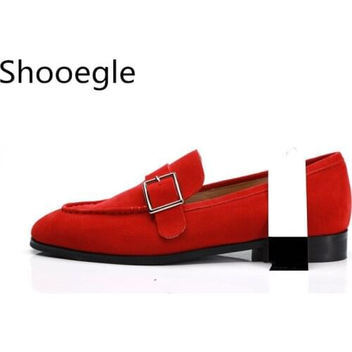 Red Slip on Buckle Casual Men Shoes Fashion Square toe Loafer Handmade Flats Smoking Monk Party Wedding Dress Shoes
