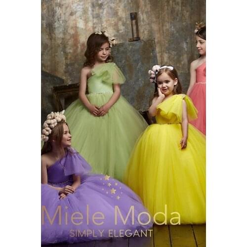One Shoulder Tulle Puffy Princess Ball Gowns Puffy Flower Girls Dresses Elegant Puffy Girls Birthday Celebration Dresses Gowns