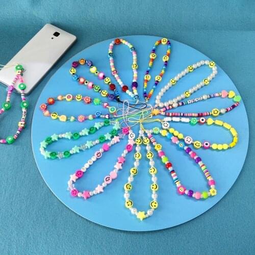Eye Smile Mobile Phone Chain Strap Beads Pendant Pearl Soft Pottery Lanyard Keychain For Women Cell Phones Case Hanging Cord
