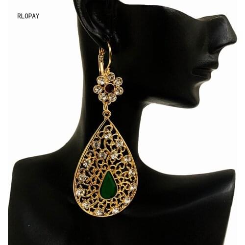 Lead-tin Alloy Moroccan Trendy Flower Rhinestone Earrings Dangle Water Drop French Hook Big Fashion Earrings for Women