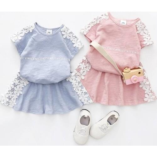 New 2021 Summer 2-10 Years Kids Letter Print Short Sleeve Suits Lace Flower Patchwork T Shirt+Skirt Girls Sports Clothing Set