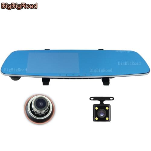 BigBigRoad For KIA borrego Car DVR Blue Screen Rearview Mirror Video Recorder Car Dual lens 5 INCH Car front camera dash cam