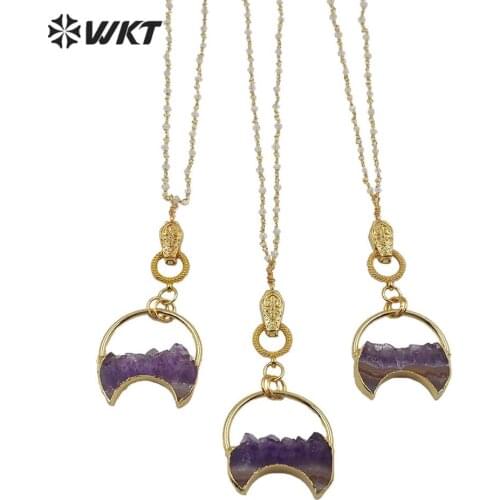 WT-N1218 Amazing design natural a methyst crescent horn necelace fashon women unique a methyst crescent necklace in 18 inch