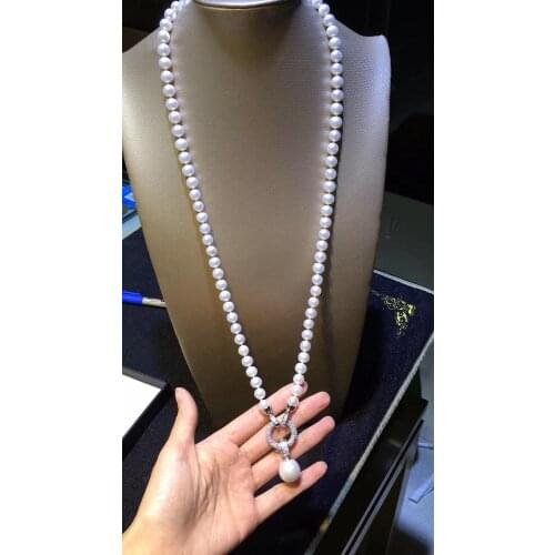 South sea round white 9-10mm pearl necklace pendant 24inch