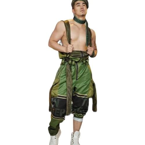 Green Belt Men Loose Overalls Letter Print Jumpsuits Nightclub DJ Singer Wear Stage Performance Costume Jazz Dance Outfit