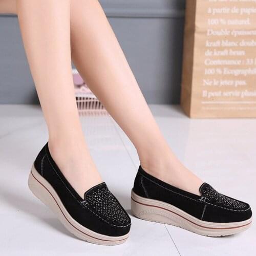 Genuine Suede Leather Women Flats Crystal Platform Shoes Slip-on Height Increasing Ladies Casual Shoes Light Loafers 5 Colors