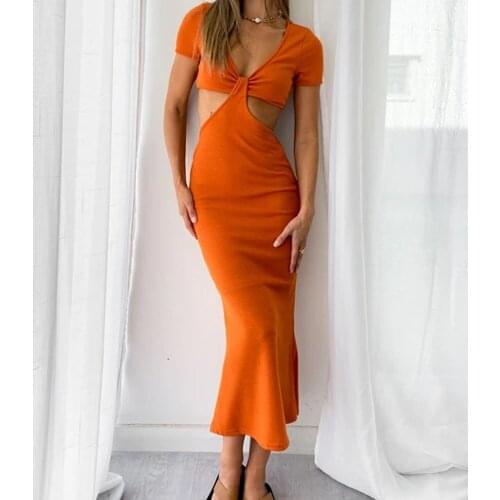 Women Waist Cutout Long Dress Solid Color Twist Knot V-neck Bodycon Dress Summer Office Lady Slim Short Sleeve Dress