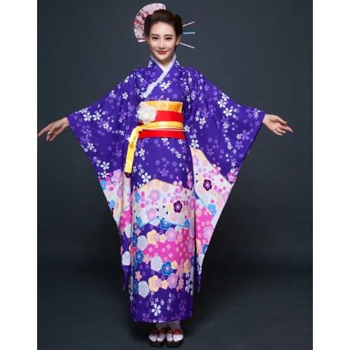 High Quality Purple Japanese Women Kimono Dress Traditional Yukata With Obi Novelty Lady Evening Dress Flower One Size 717-3