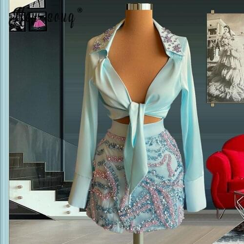 Vintage Two Peices Cocktail Dress 2021 Sexy Sparkly Mermaid Prom Gowns V Neck Celebrity Vestido de festa with Jacket Custom Made