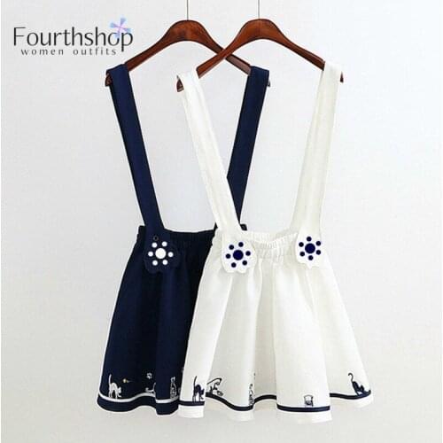 Women Cute Cartoon Dress Mori Girl Cat Footprint Embroidery Suspender Dress Sleeveless Sweet Dresses Japanese Kawaii Vestidos