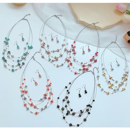 Colorful Crystal Jewelry Sets Choker Layers Statement Necklace Earrings Set Beads Wedding Bridal Jewelry Set