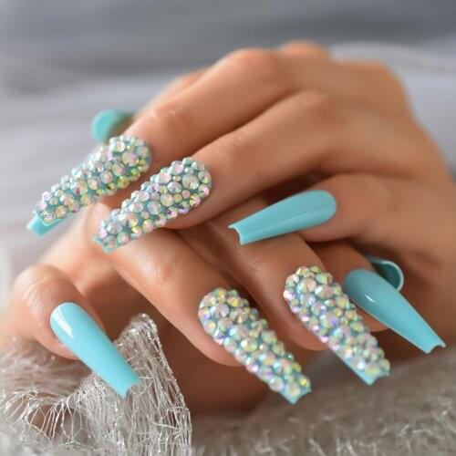Blue Glossy Artificial False Nail Super Long Rhinestone Coffin Fake Nail Full Cover Reusable Press On Nail