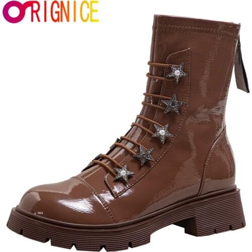 Orignice Women Round Toe Patent Leather Rhinestones Crystal Diamond Ankle Boots Platform Chunky High Heel Shoes Black Beige