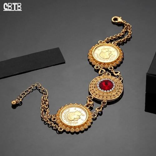 Red Crystal 18K Gold Bracelet Islamic Muslim Arab Coin Bracelet Women Men Middle East Noble Luxury Jewelry Gift Wholesale
