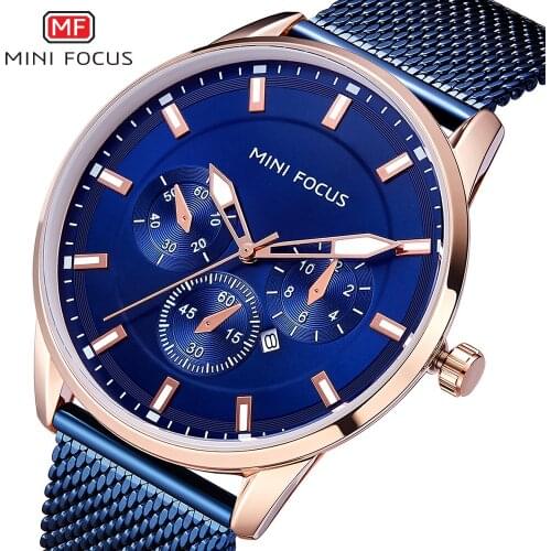 Relogio Masculino Luxury Quartz Watch for Men Blue Dial Watches Sports Watches Luminous Hands Chronograph Mesh Belt Wrist Watch