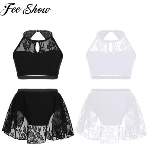 Kids Girls Latin Dance Dress Outfit Sleeveless Halter Lace Crop Top with Bottom Lyrical Modern Contemporary Dance Wear Costume
