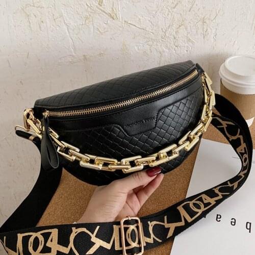 Thick Chain Design Pu Leather Small Fanny Pack Waist Belt Bag for Women 2021 Shoulder Crossbody Chest Purses and Handbags