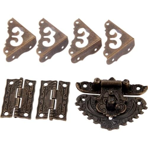 DRELD Antique Box Latch Hasp Toggle Buckle + 2Pcs Cabinet Hinges +4Pcs Corner Decorative Protectors for Jewelry Wooden Box