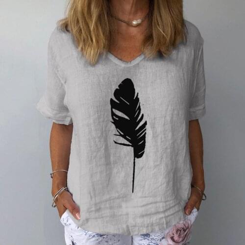 40#Feather Print T-Shirts Womens Clothing Casual Cotton Linen V-Neck Short Sleeves T-Shirt Harajuku Plus Size Tops футболки