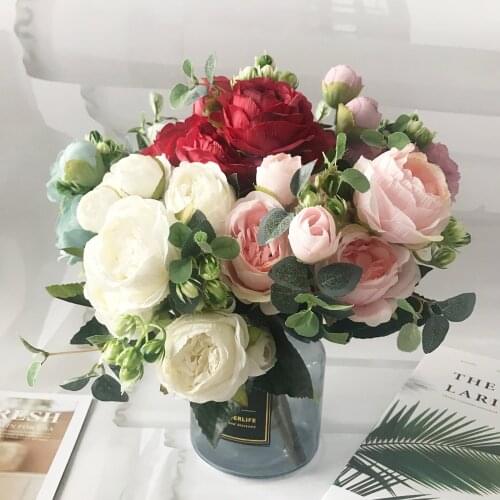 30cm Rose Pink Silk Bouquet Peony Artificial Flowers 5 Big Heads 4 Small Bud Bride Wedding Home Decoration Fake Flowers Faux